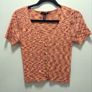 Women's Short Sleeve Ribbed V Neck Buttton Cardigan | Marled Pink - Orange | Med